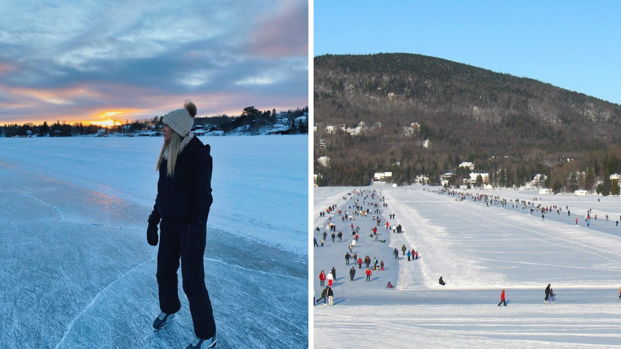 Une personne sur la patinoire du lac Beauport. Droite : La patinoire de la municipalité de Lac-Beauport.