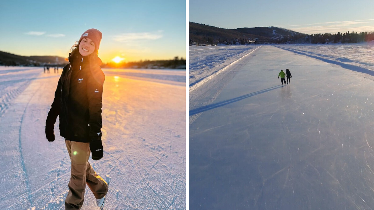 Une personne sur la patinoire du lac Beauport. Droite : La patinoire du lac Beauport avec la montagne en toile de fond.