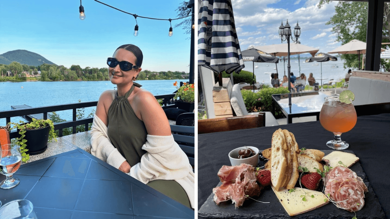 Une personne sur la terrasse au bord de l'eau du restaurant Le Cracheur de Feu. Droite : Un plat de charcuteries et fromages au restaurant Au Coin de la Baie.