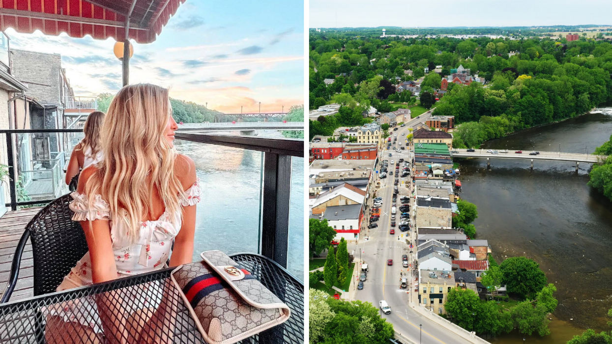 Une personne sur la terrasse au bord de l'eau du Stillwaters Plate & Pour, Paris, Ontario. Droite : Paris, Ontario.