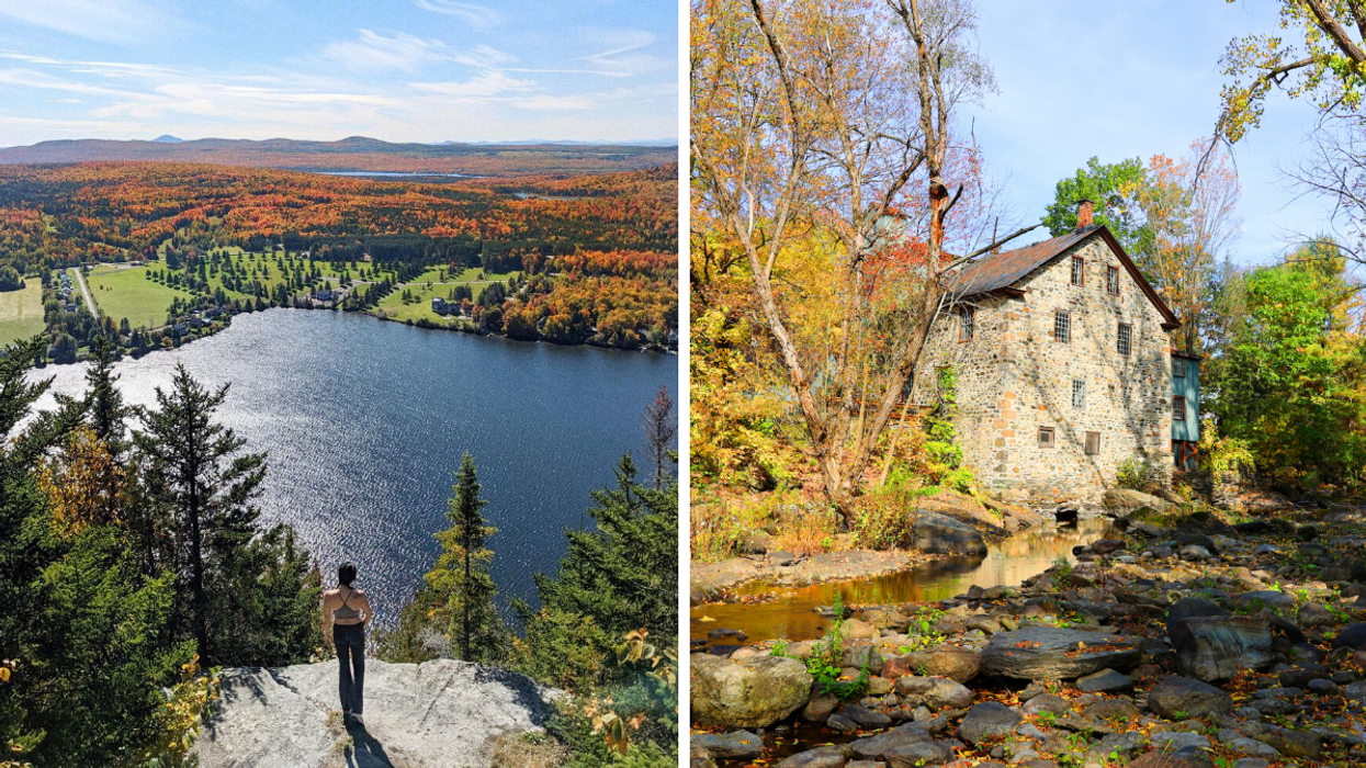Une personne sur le Mont Pinacle. Droite : Un bâtiment historique à Frelighsburg.