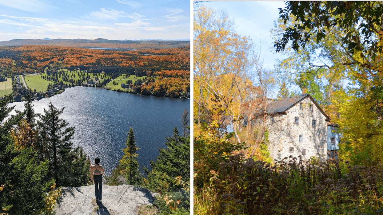 Une personne sur le Mont Pinacle. Droite : Un bâtiment historique à Frelighsburg.