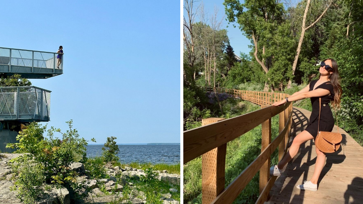 Une personne sur un belvédère. Droite : Une personne sur une passerelle.