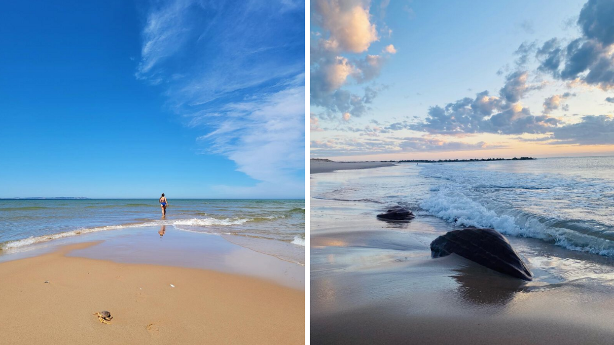 Une personne sur une plage au Québec. Droite : Une plage au Québec.