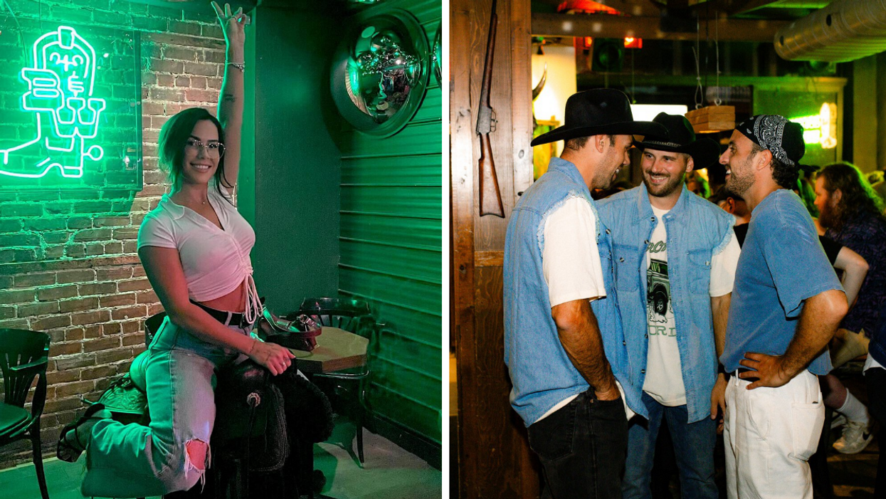 Une personne sur une scelle dans un bar country à Montréal. Droite : Trois personnes dans un bar country à Montréal.