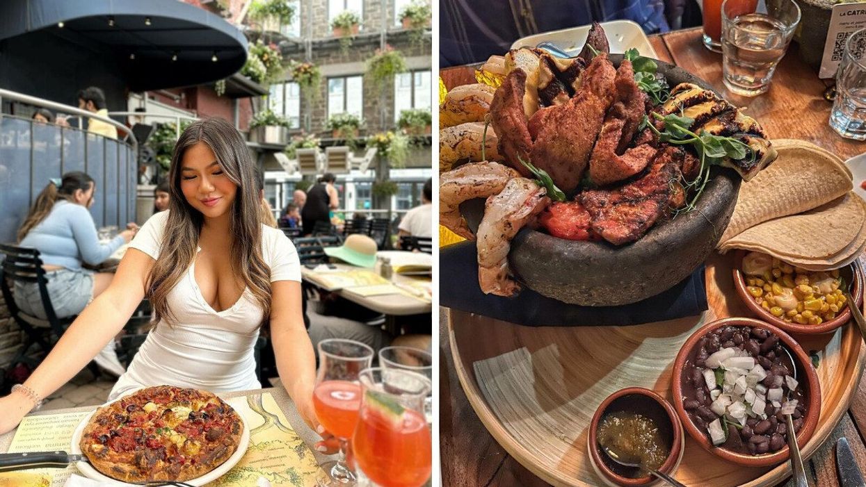 Une personne sur une terrasse assise à table devant une pizza. Droite : Un plat mexicain d'un restaurant à Montréal.
