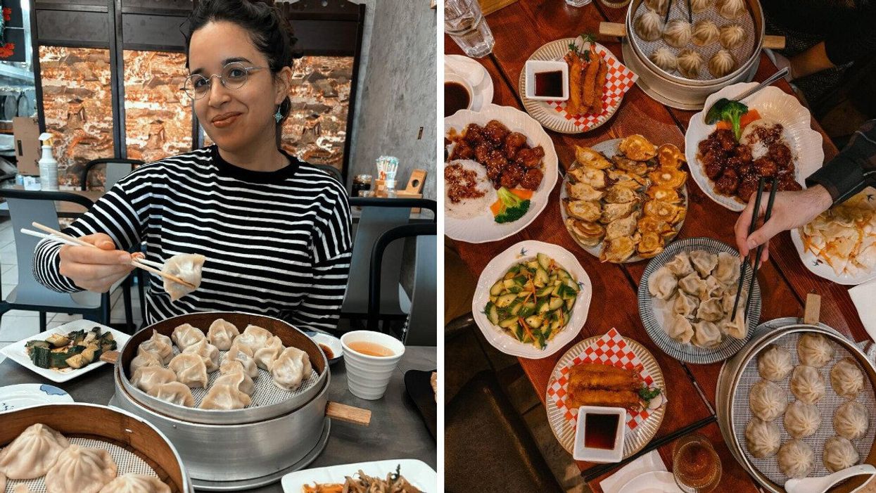 Une personne tenant des baguettes pour manger des dumpling. Droite : Une table remplis de plats bien garnis.