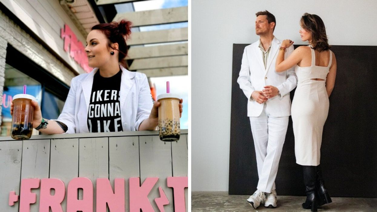 Une personne tient deux bubble tea dans chacune de ses mains sur la clotûre d'une terrasse. Droite : Deux personnes habillées en blanc posent lors d'une séance photo.