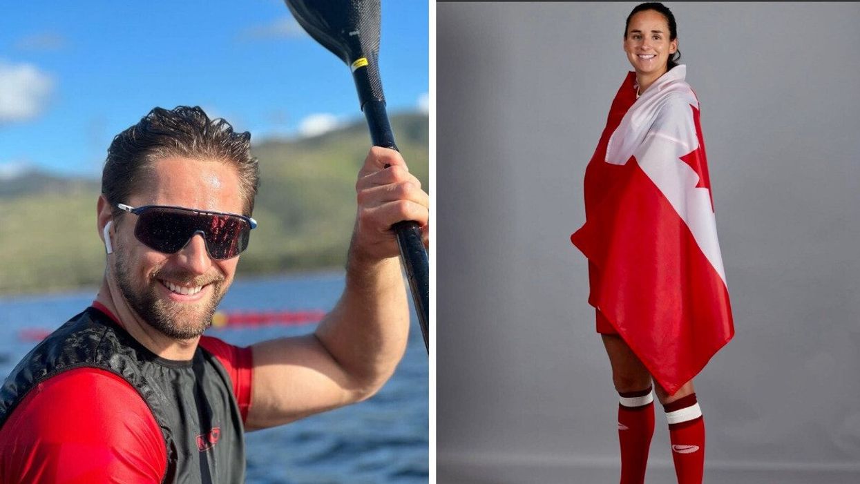 Une personne tient la rame de son kayak sur l'eau. Droite: une personne pose debout avec un drapeau géant du Canada comme cape.
