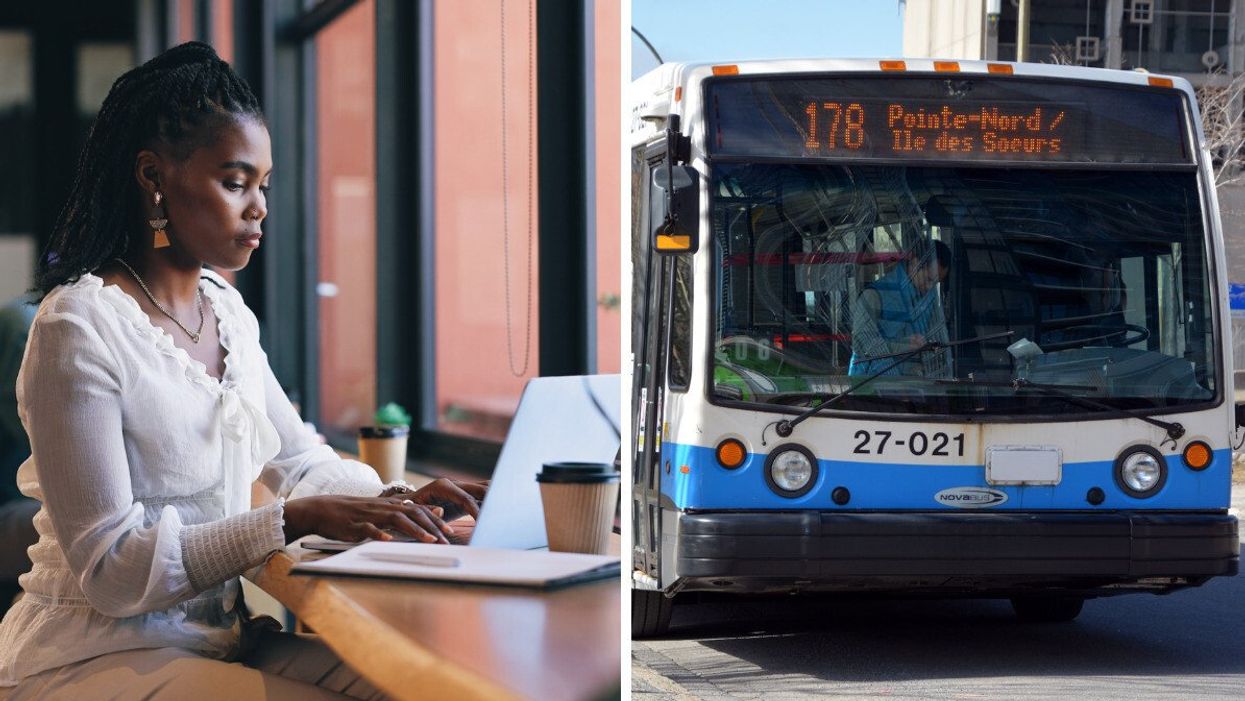 Une personne travaille devant son ordinateur dans un café. Droite: la ligne d'autobus 18 vers l'Île-des-Soeurs de la Société de transport de Montréal (STM)