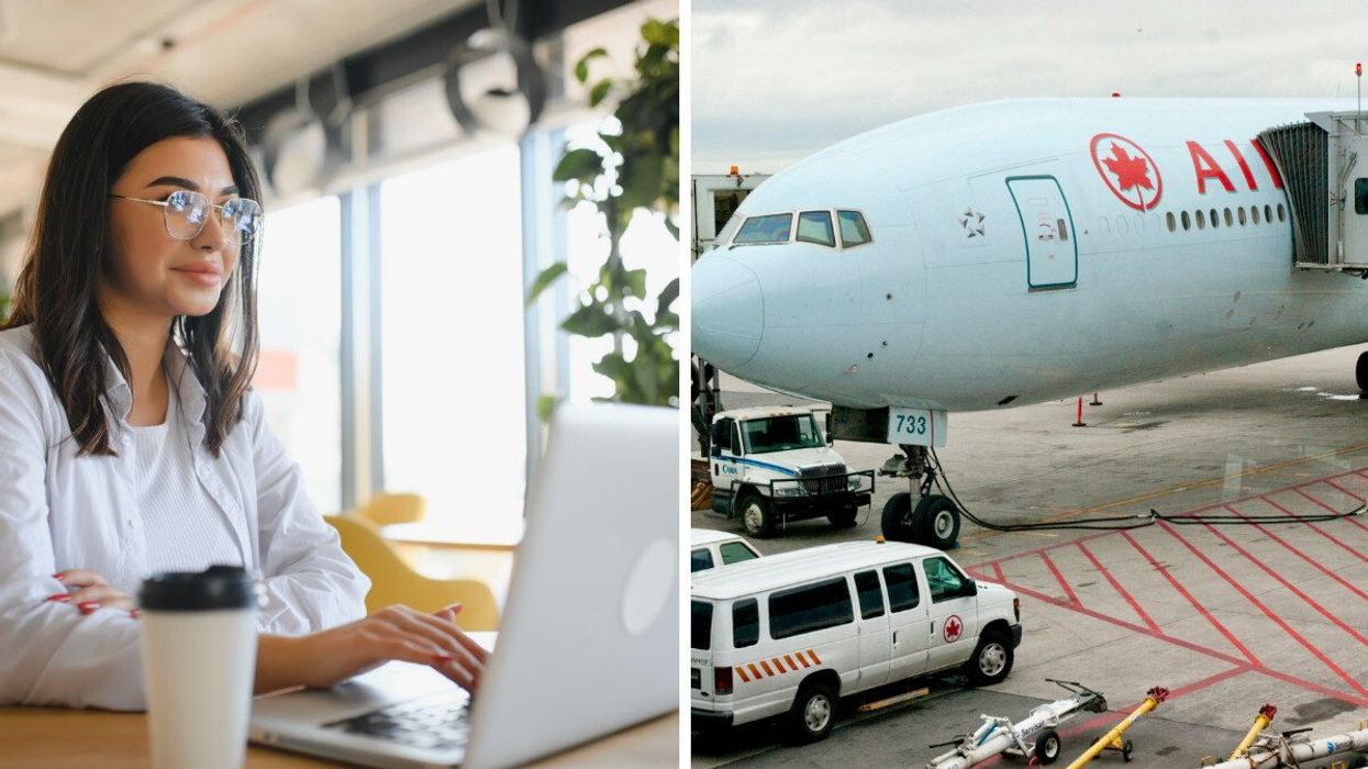Une personne travaille devant son ordinateur portable avec le sourire. Droite : Un avion d'Air Canada au sol avec des camions autour.