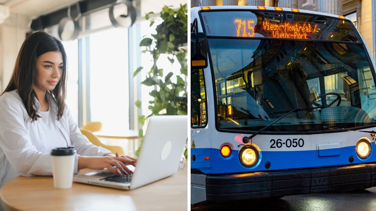 Une personne travaille devant son ordinateur portable avec son café. Droite: un autobus de la STM.