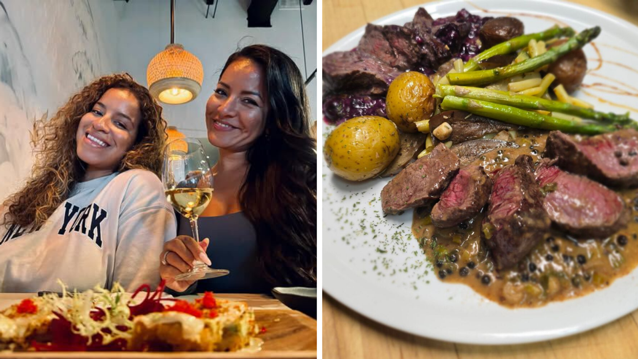 Une personnes avec un verre de vin. Droite : Une assiette de steak.
