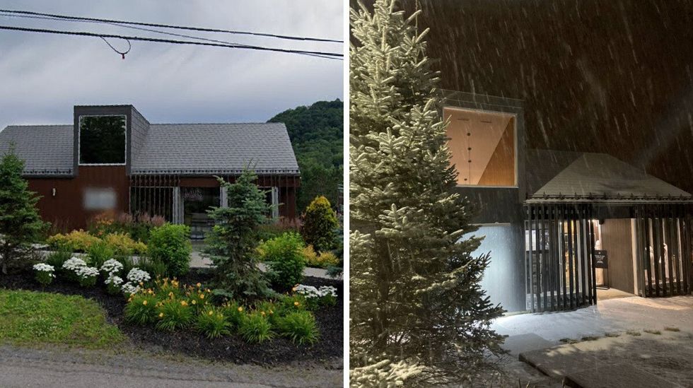 Une petite maison rouge derri\u00e8re des arbres. Droite: le devant moderne noir du spa.