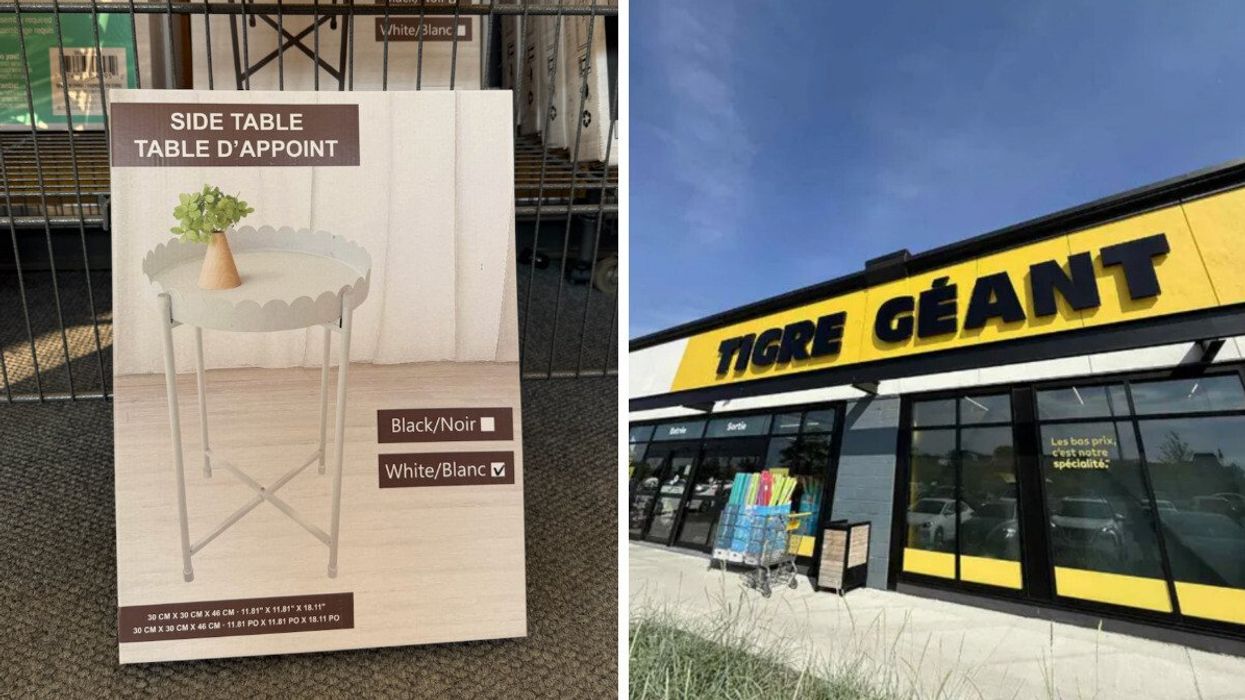 Une petite table d'appoint. Droite : Façade d'un magasin Tigre Géant.