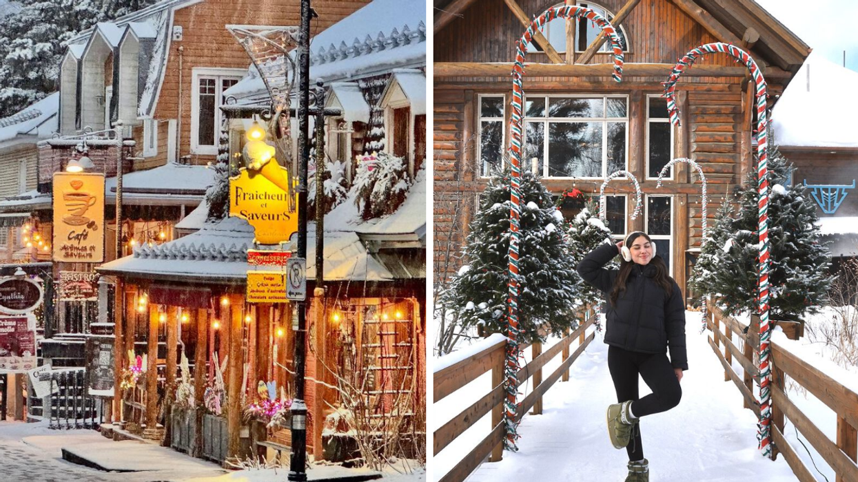 Une petite ville en hiver. Droite : Une personne devant une auberge.