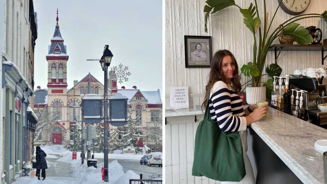 Une petite ville en Ontario. Droite : Une personne dans un café.