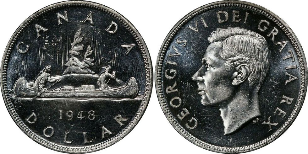 Une pi\u00e8ce de 1 $ de 1948. Droite : Une pi\u00e8ce de 1 $ de 1948.