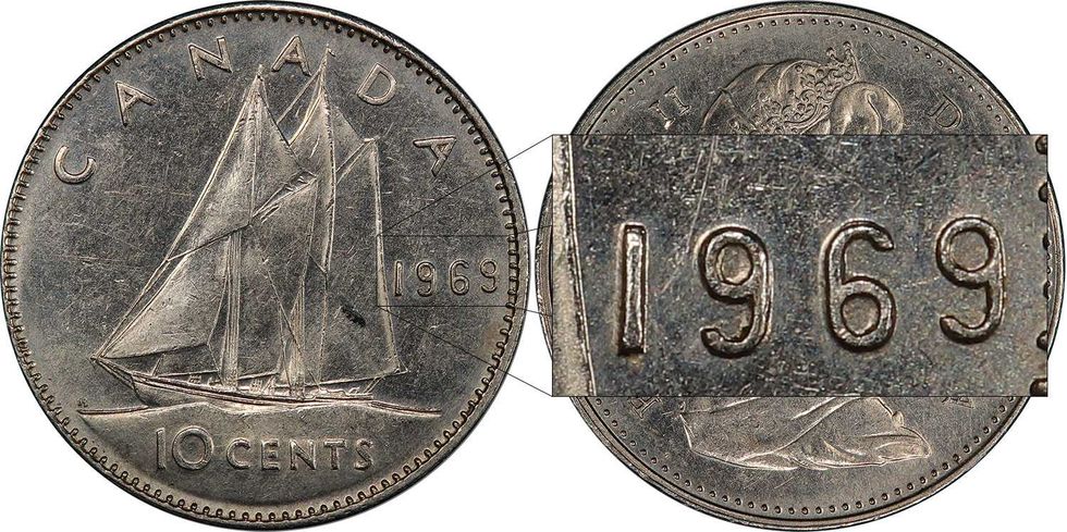 Une pi\u00e8ce de 10 cents de 1969. Droite : un zoom sur la date du 10 cents de 1969.