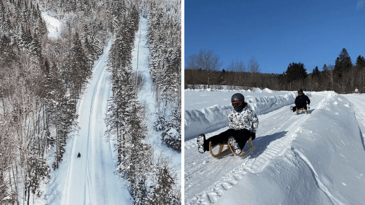 Une piste de luge australienne au Québec. Droite : Deux personnes en luge australienne près de Québec.