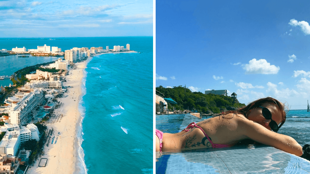 Une plage au Mexique. Droite : Une personne au bord de la piscine au Mexique.