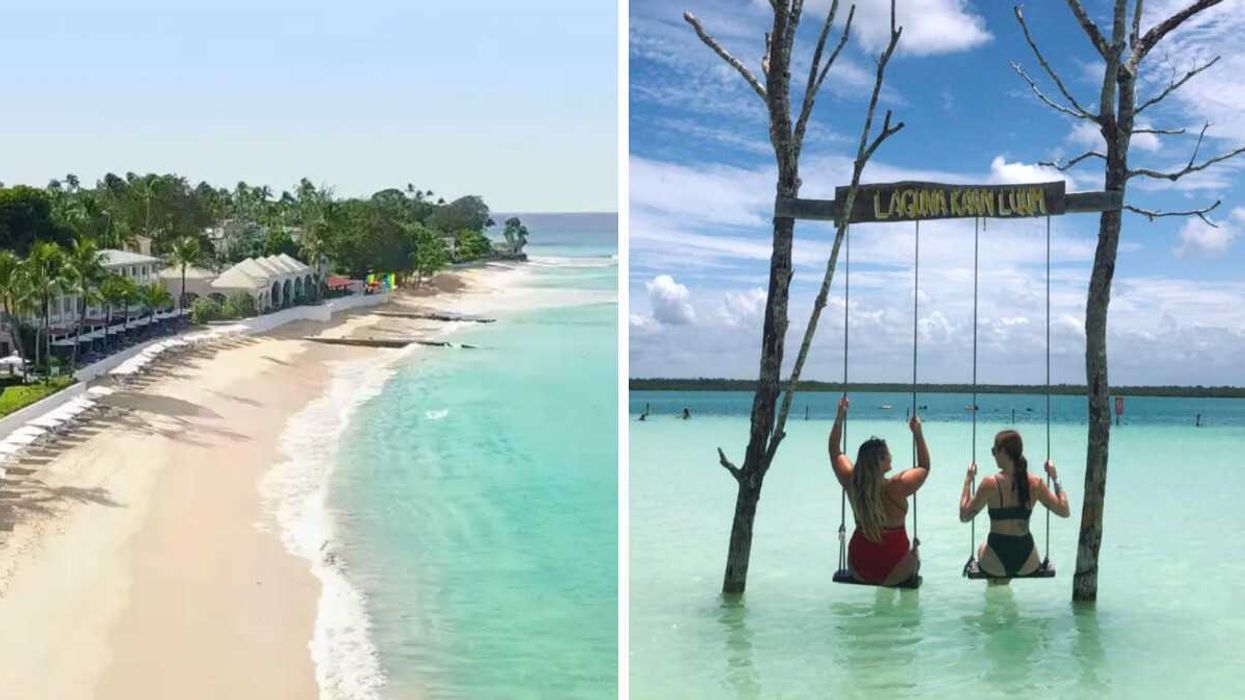 Une plage en Barbade. Droite : Un laguna à Tulum.