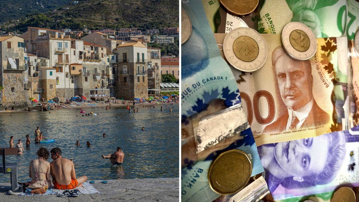 Une plage en Italie. Droite : de l'argent canadien.