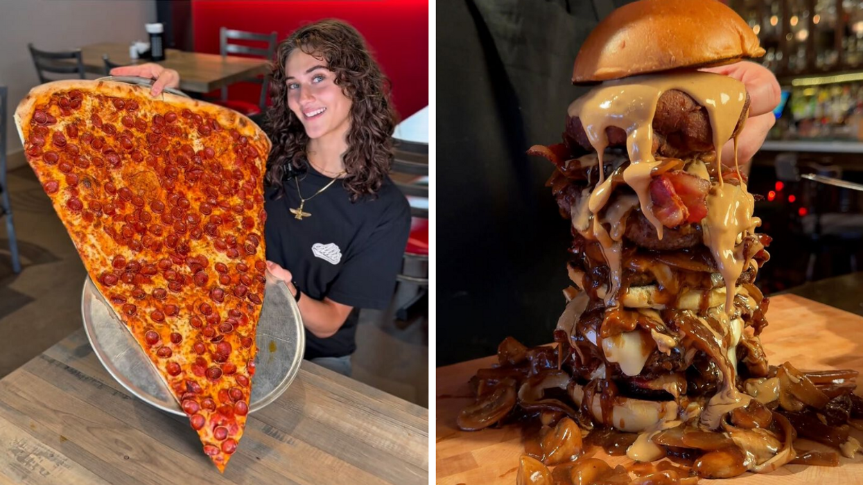 Une pointe de pizza géante à Montréal. Droite : Un burger XXL à Montréal.