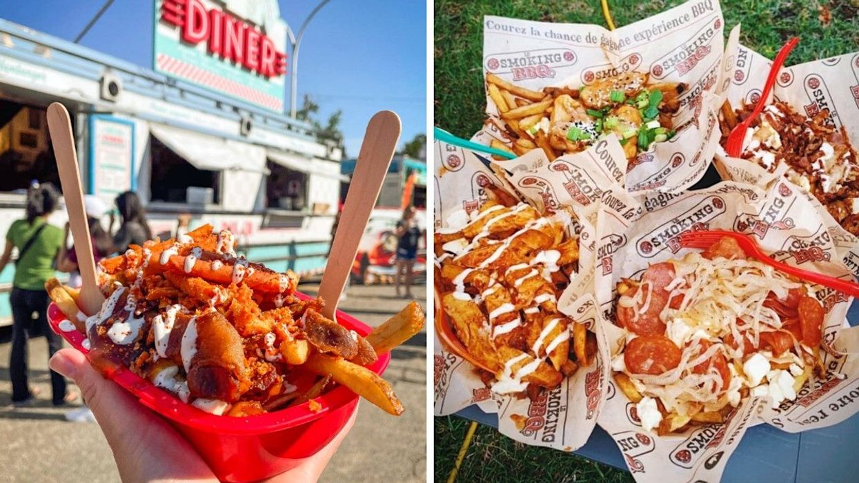 Une poutine devant un food truck au Grand Poutinefest. Droite : Différentes poutines du Grand Poutinefest.