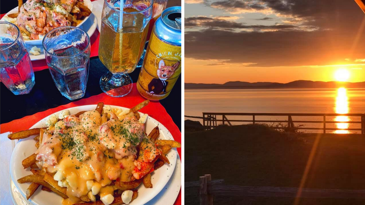 Une poutine. Droite : Un coucher de soleil.