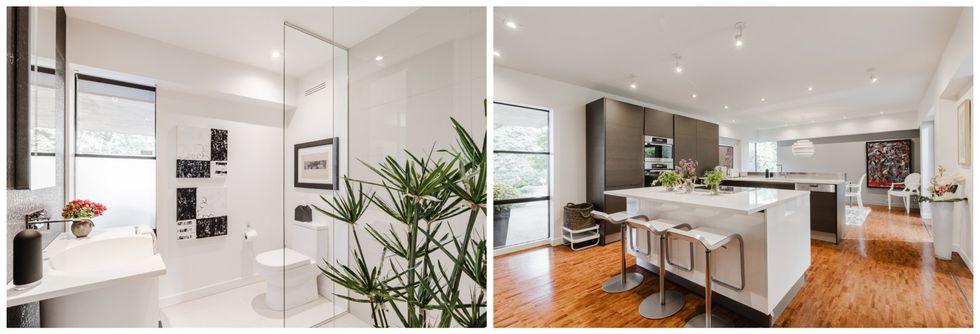 Une salle de bain de l'unit\u00e9 201. Droite : La cuisine de l'unit\u00e9 201.