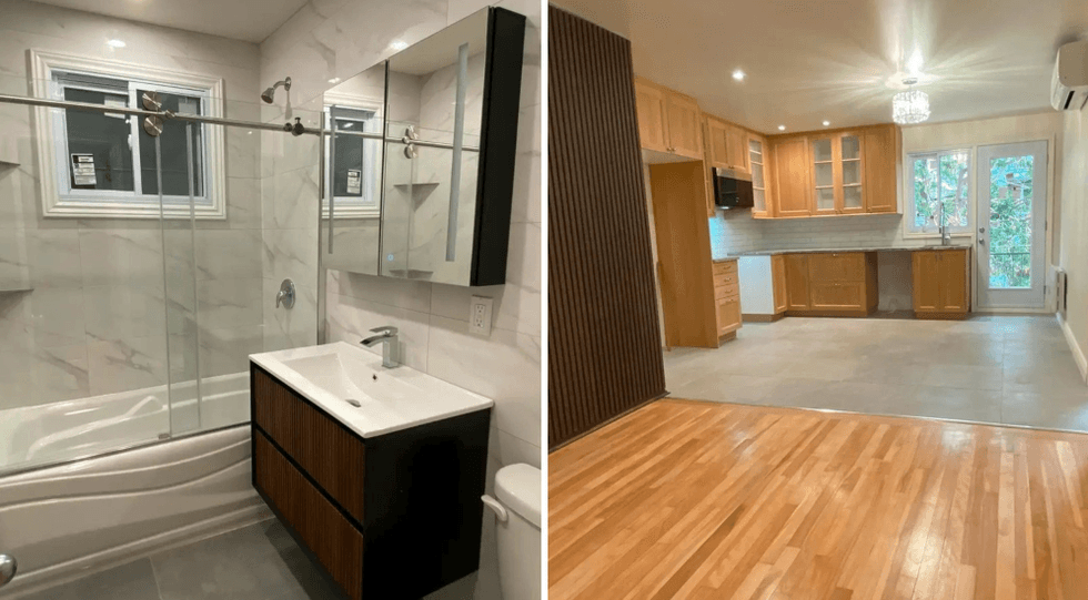 Une salle de bain. Droite : un salon et une cuisine.