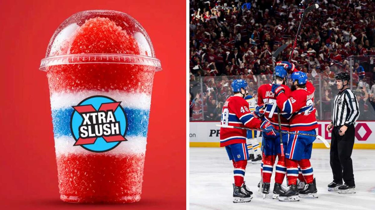 Une slush aux couleurs des Canadiens de Montréal. Droite : Les Canadiens de Montréal remportent le match.