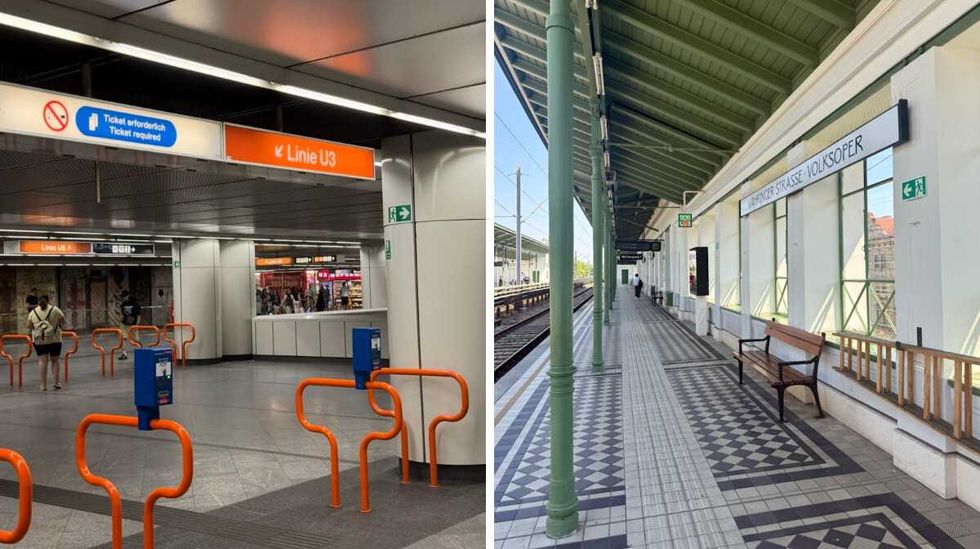 Une station de m\u00e9tro \u00e0 Vienne. Droite : Une station de tram \u00e0 Vienne.