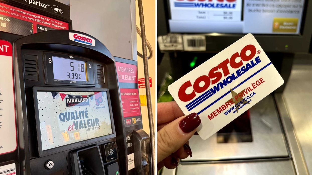 Une station-essence Costco. Droite : une carte de membre Costco.