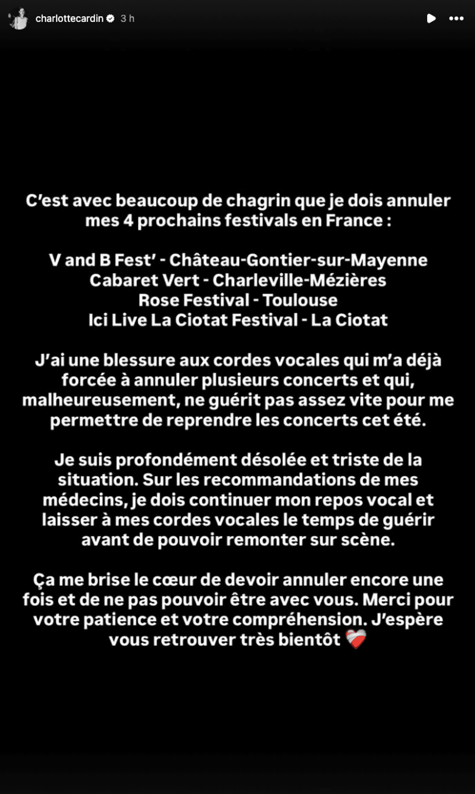 Une story publi\u00e9e sur le compte Instagram de Charlotte Cardin : elle annonce annuler ses spectacles.
