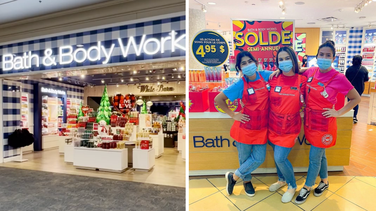 Une succursale de Bath & Body Works. Droite : Des employés de Bath & Body Works.