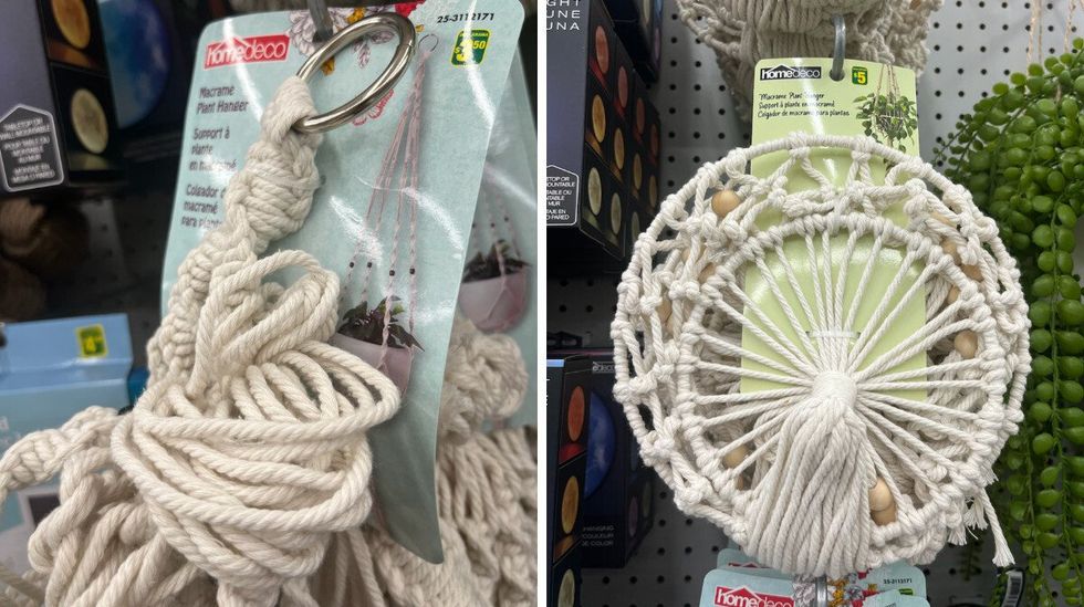 Une Suspension en macram\u00e9 pour les plantes \u00e0 3,50$. Droite : Une Suspension en macram\u00e9 pour les plantes \u00e0 5 $.