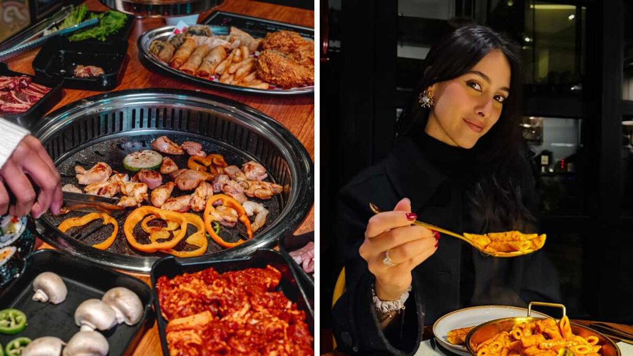 Une table bien garnie d'ingrédients pour un BBQ coréen. Droite : Une femme qui déguste des pâtes.