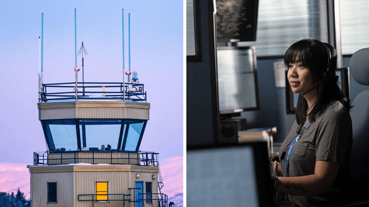 Une tour de NAV CANADA. Droite : Une employée de NAV CANADA.