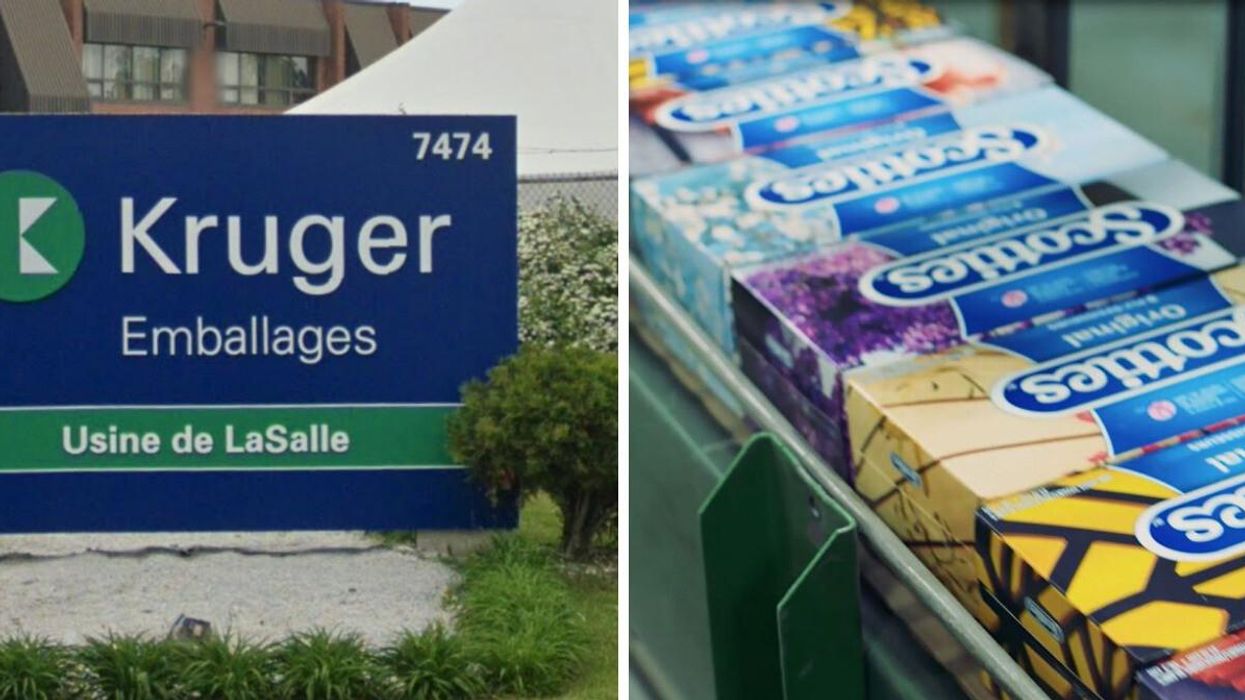 Usine Kruger à Montréal. Droite : boîtes de mouchoirs Scotties.