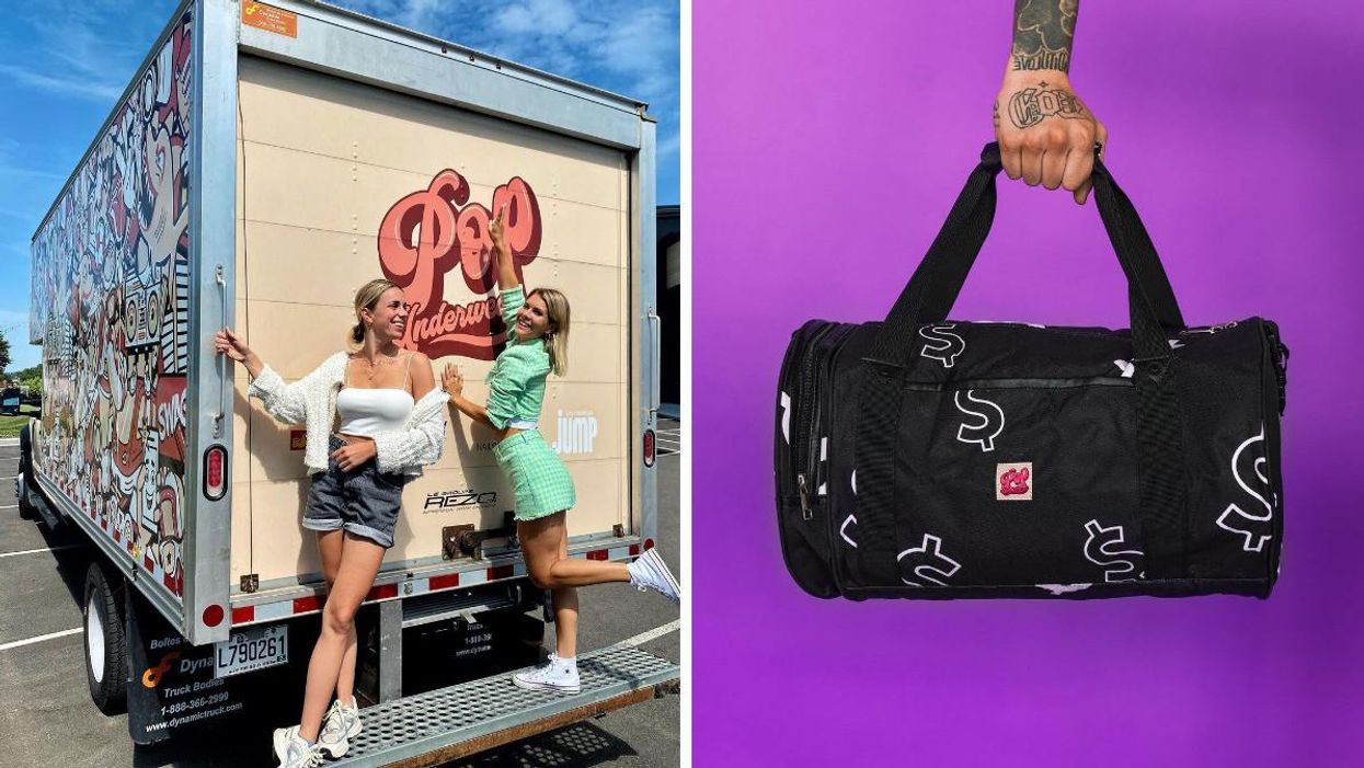Vahiné Lefebvre et Jessika Dénommée. Droite : Sac mystère de POP Underwear.