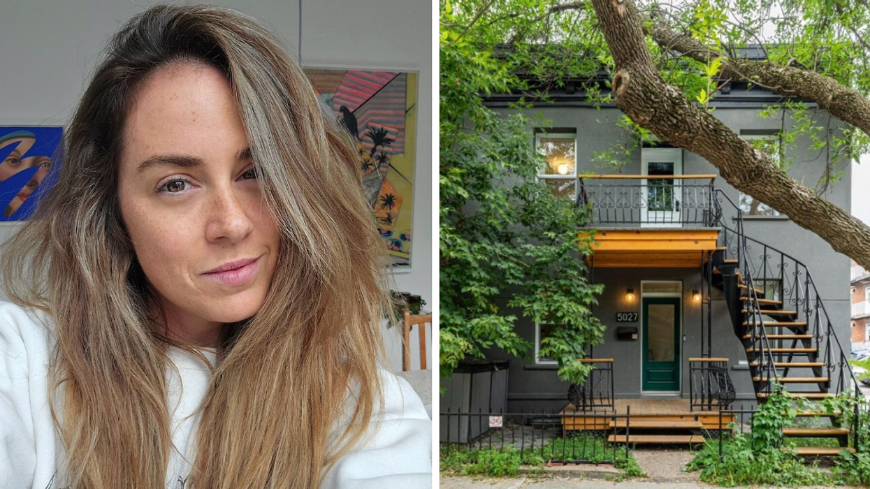 Valérie Roberts. Droite : La façade d'une maison à vendre à Montréal.