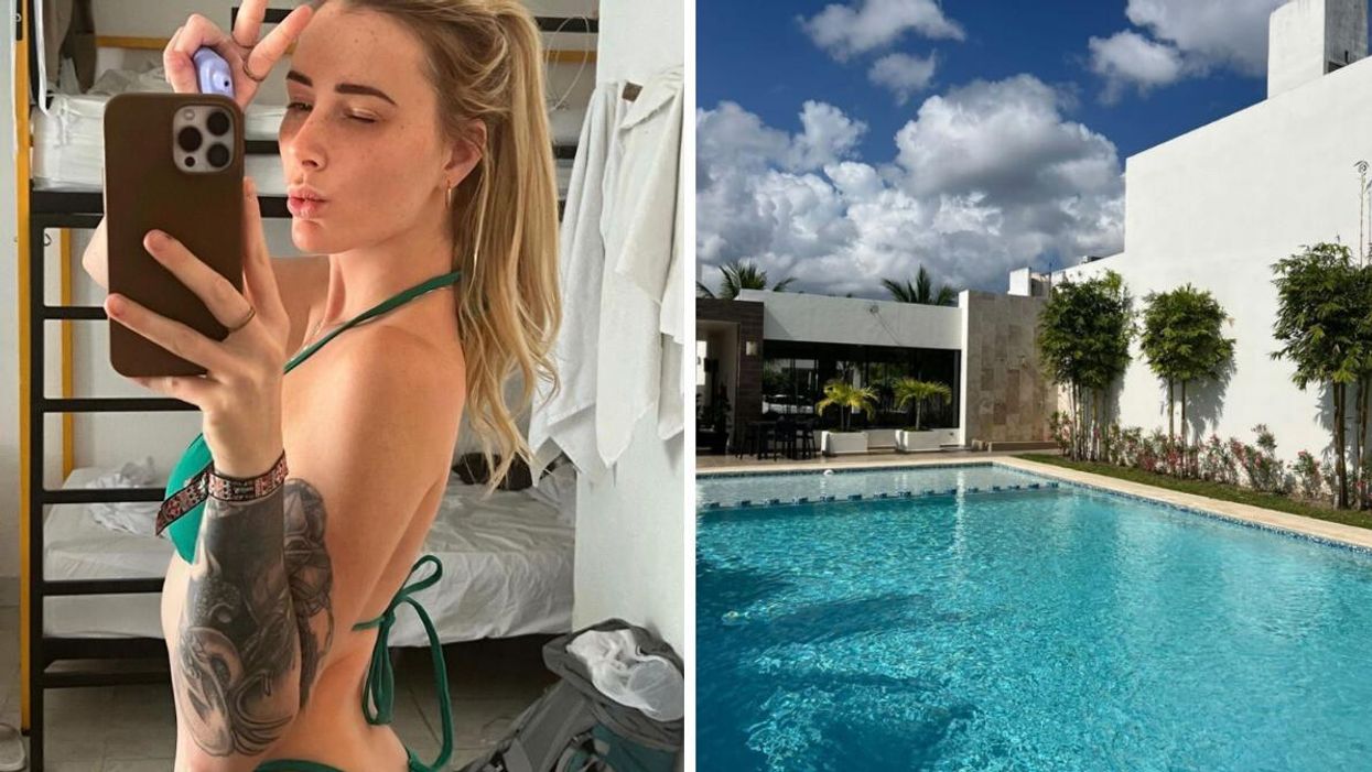 Vanessa Sicotte. Droite : Piscine de son nouveau logement.