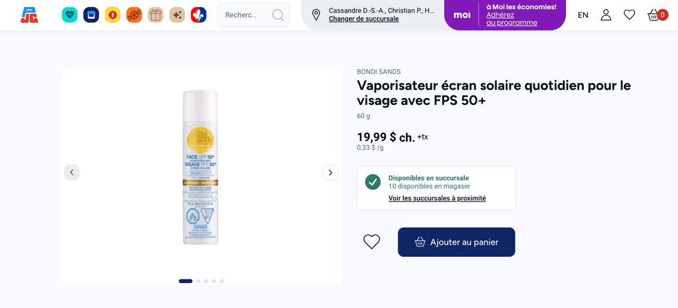 Vaporisateur \u00e9cran solaire quotidien pour le visage sur le site de Jean Coutu.