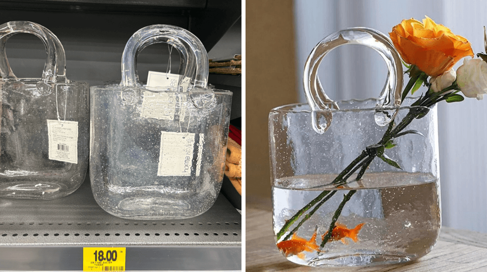 Vase en verre en forme de sac \u00e0 main au Tigre G\u00e9ant. Droite : Vase en verre en forme de sac \u00e0 main sur Amazon.