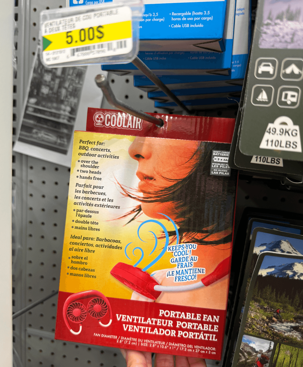 Ventilateur de cou portable vendu au Dollarama.