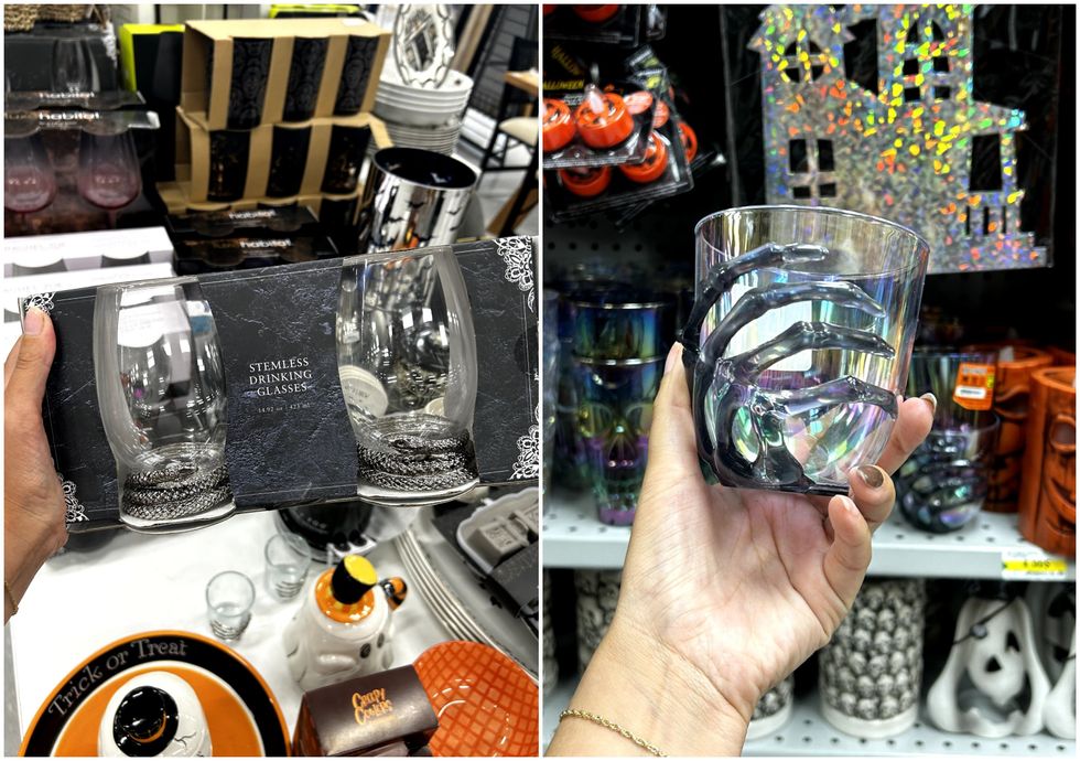 Verres \u00abspooky\u00bb du HomeSense. Droite : Verres \u00abspooky\u00bb du Dollarama.
