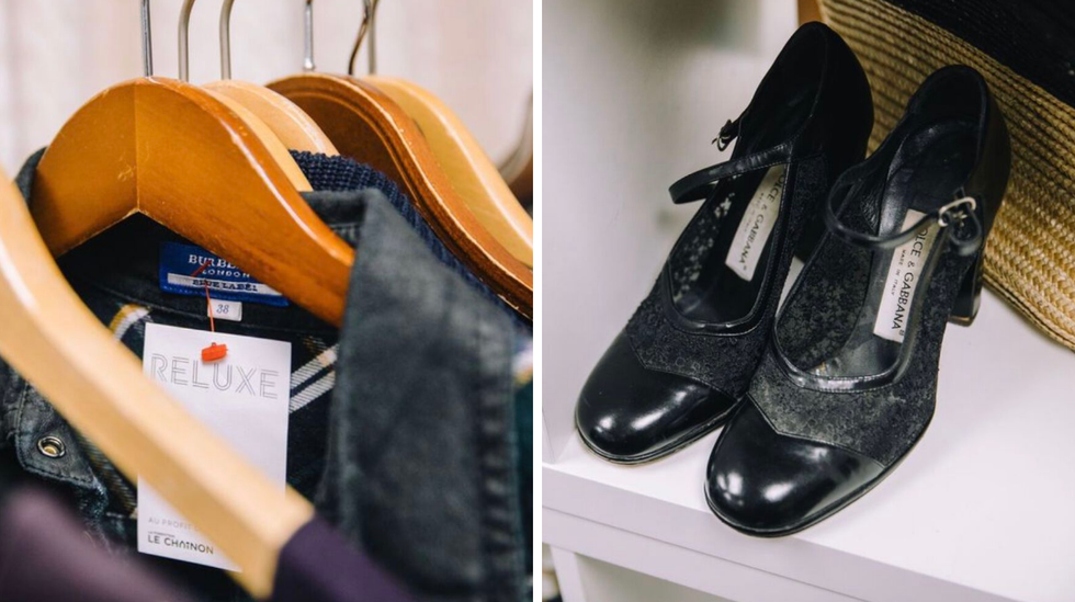 Veste Burberry. Droite : Chaussures Dolce & Gabbana.