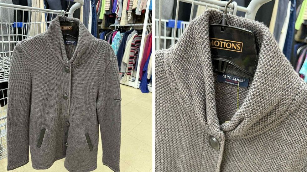 Veste en laine grise de la marque Saint James dans la section de liquidation pour adultes de la friperie Au Grenier Populaire.